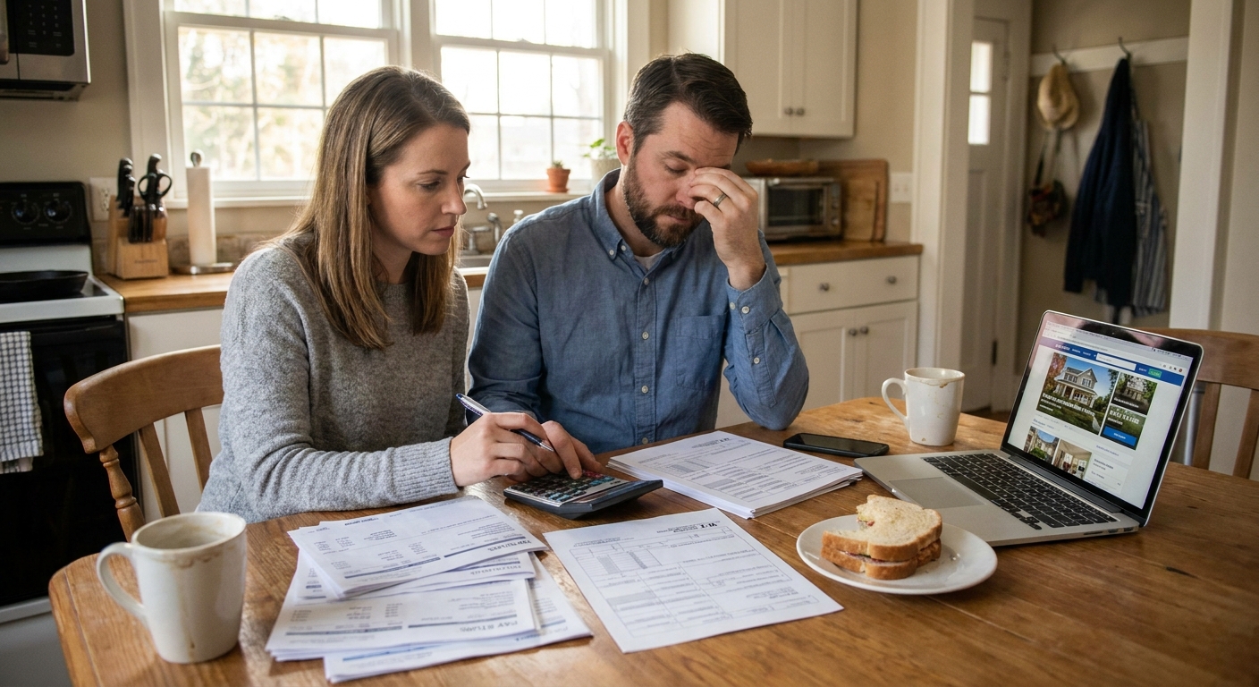 A couple reviewing pay stubs and tax documents at a kitchen table while planning a home purchase, realistic photo