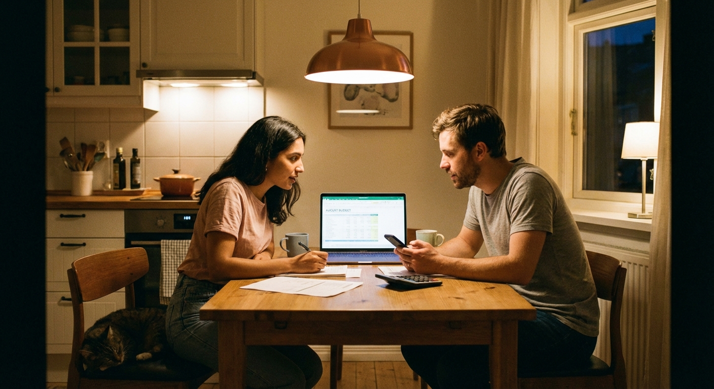 A couple reviewing their monthly budget together at a kitchen table with a laptop open and a phone nearby, evening indoor lighting