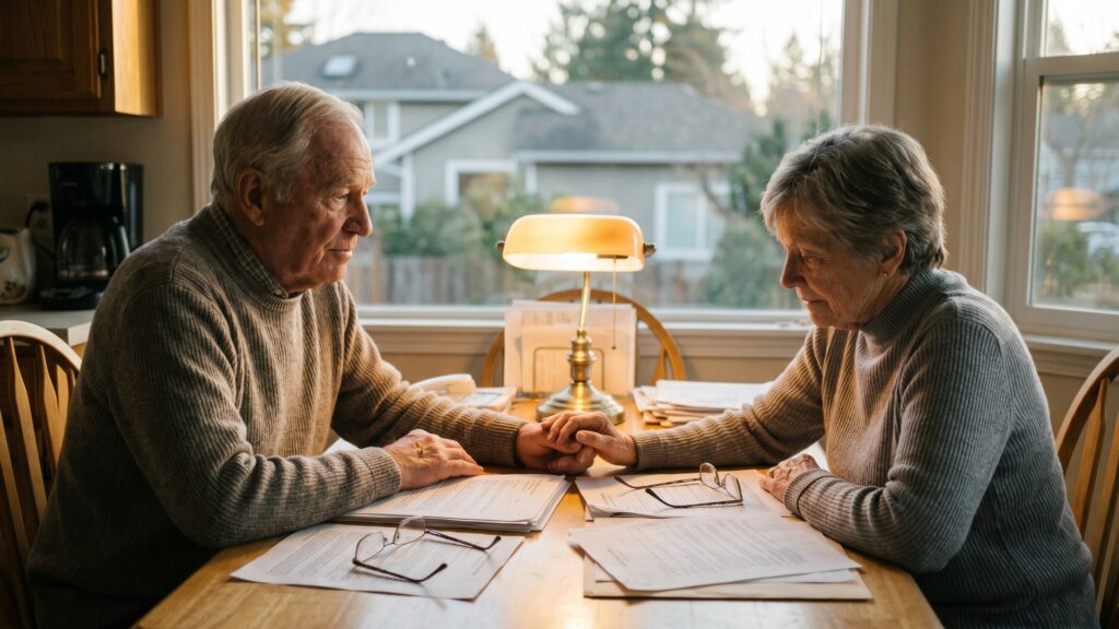 A couple seated at a kitchen table reviewing home closing documents together in a calm, realistic home environment