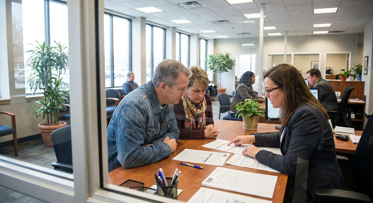 A couple sitting across from a loan officer at a bank desk reviewing documents, candid realistic photo