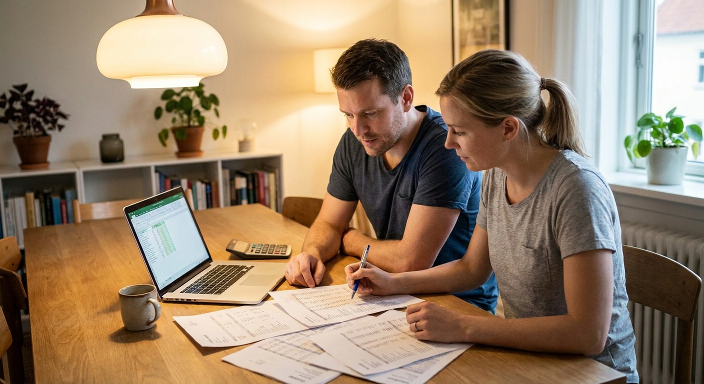 A couple sitting at a dining table reviewing a budget on paper with a laptop open, a coffee mug nearby, warm indoor lighting, realistic photo