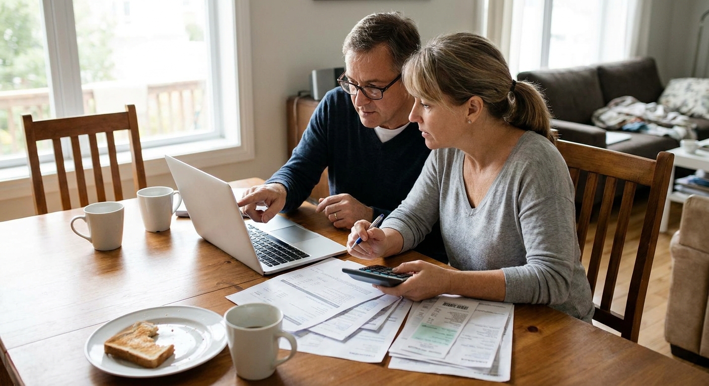 A couple sitting at a dining table reviewing a household budget with a laptop and printed bills, candid real-life photo