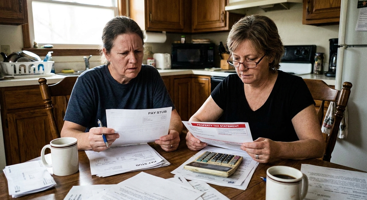 A couple sitting at a dining table reviewing pay stubs, a property tax statement, and a calculator, realistic documentary photography style