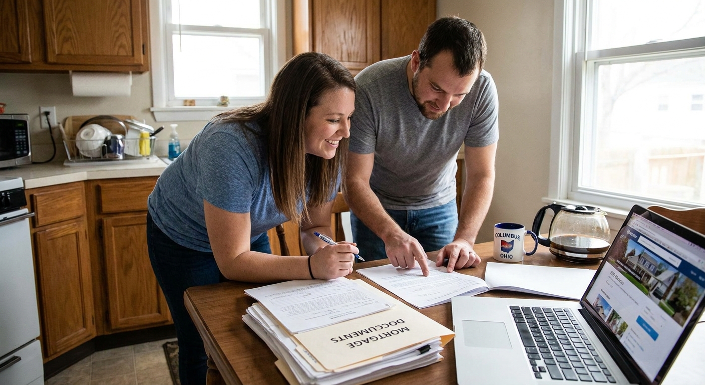 A couple sitting at a kitchen table in Columbus, Ohio, signing mortgage paperwork with a folder of documents and a laptop open, candid real-life photo