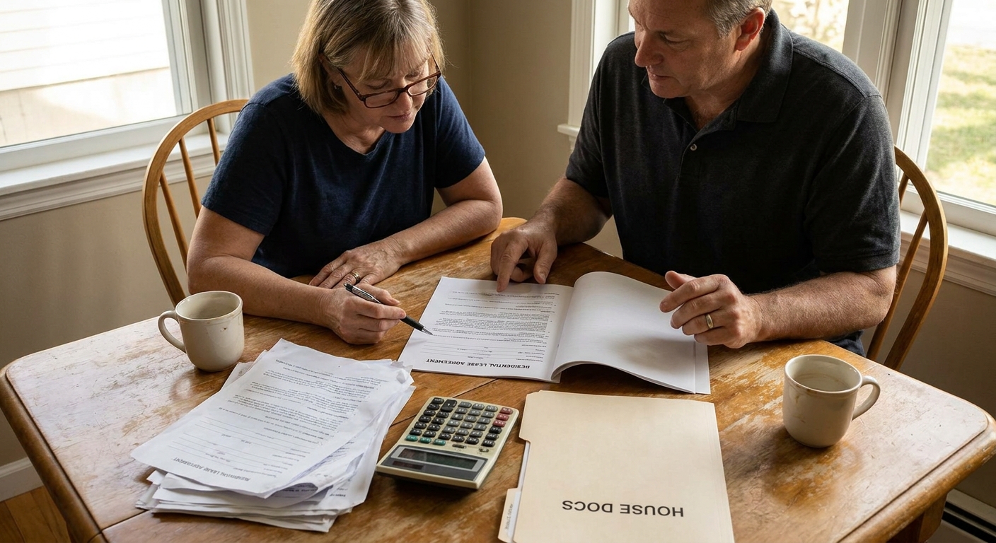 A couple sitting at a kitchen table reviewing a home lease agreement with a calculator and a folder of paperwork, natural indoor lighting, real-life photography style