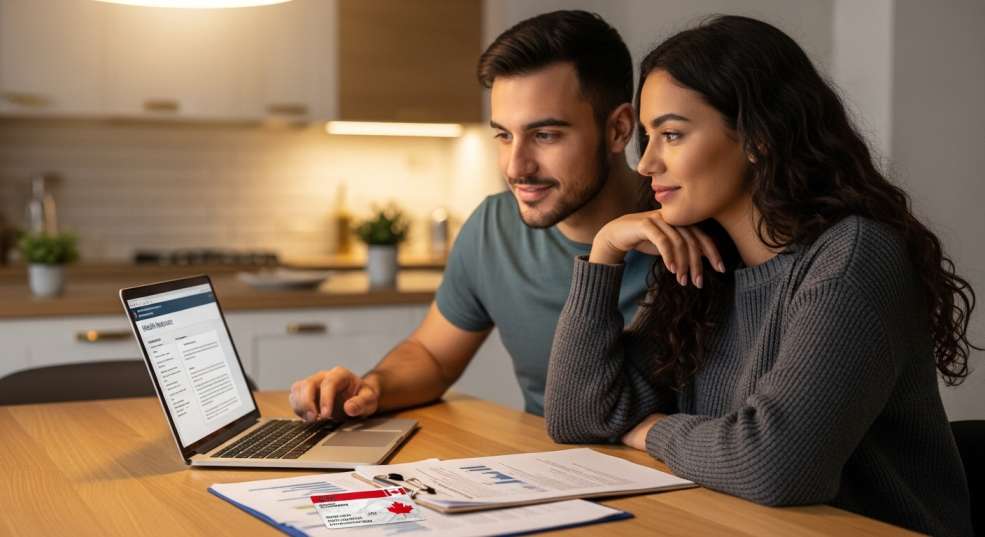 A couple sitting on a couch at home reviewing health insurance documents and a laptop together, relaxed realistic photography