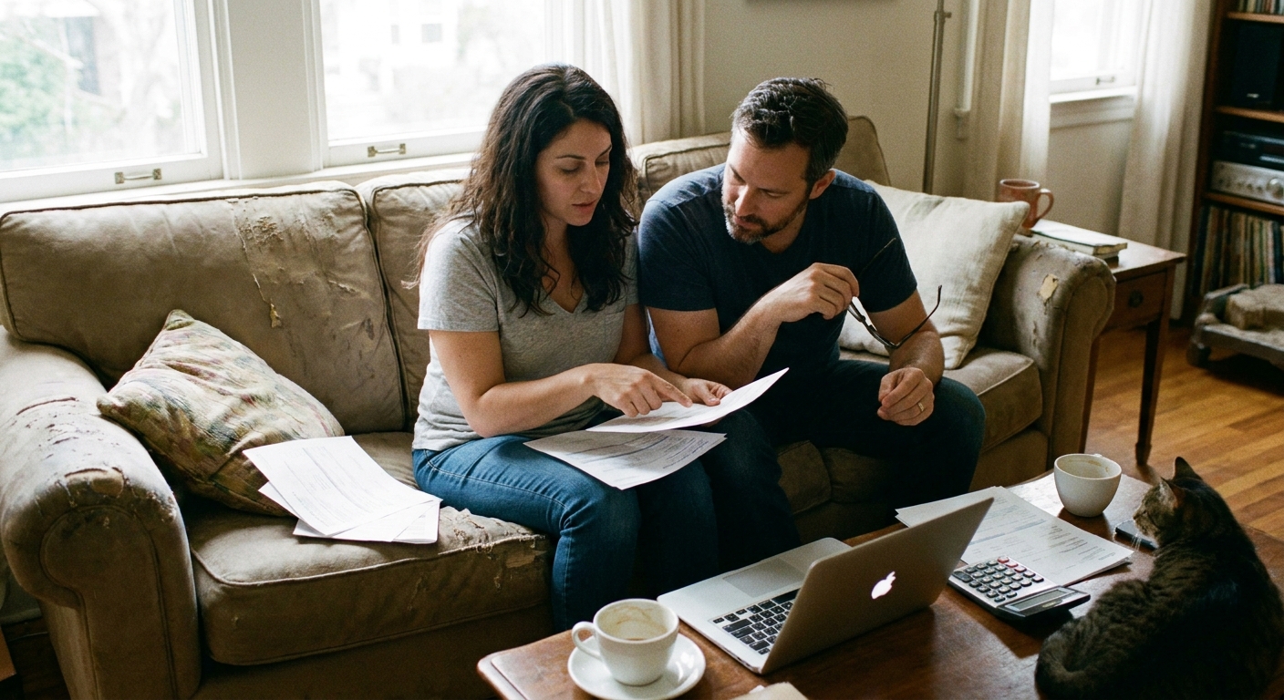 A couple sitting on a couch at home reviewing mortgage paperwork and a laptop together, real photography style