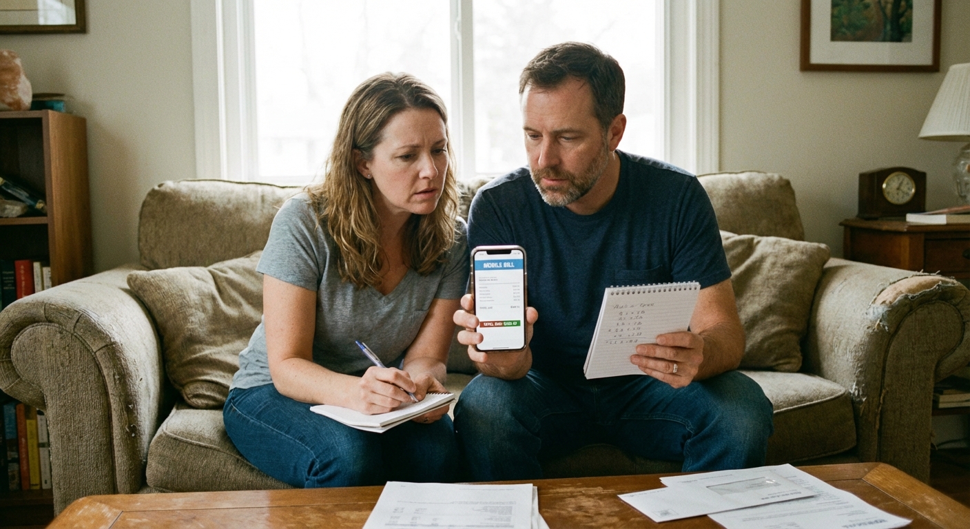 A couple sitting on a couch reviewing a cell phone bill on a smartphone with a notepad in hand, realistic photography