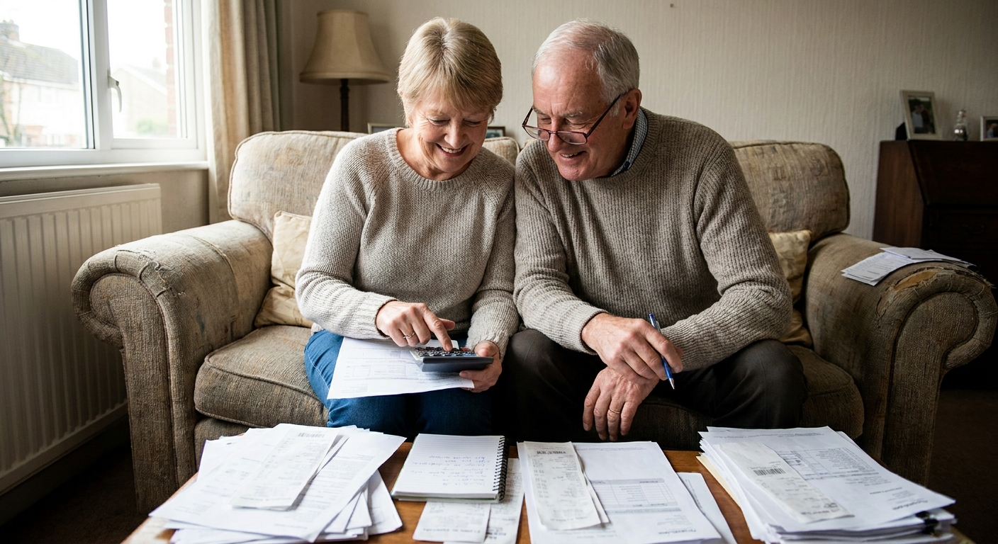 A couple sitting on a living room couch reviewing household papers and a calculator together, realistic photography style