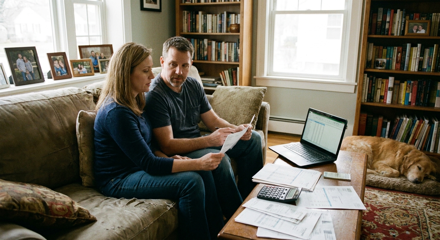 A couple sitting on a living room couch with a laptop open, reviewing household finances together, realistic photography style