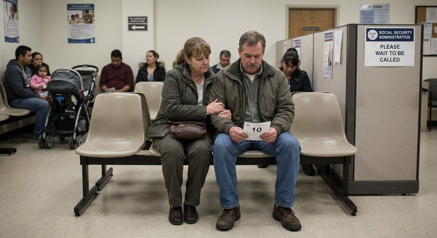 A couple sitting together in a Social Security office waiting room, candid documentary photography style