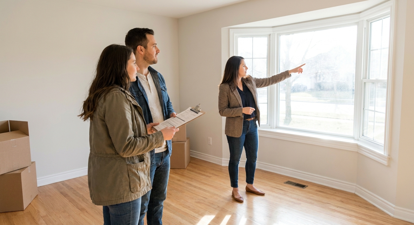 A couple standing in an empty living room during a final walkthrough holding a clipboard while their real estate agent points toward a window, daytime natural light