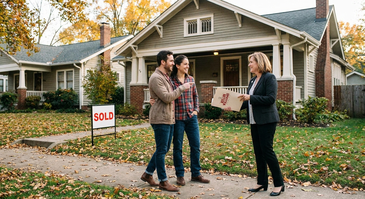 A couple standing with a real estate agent on a sidewalk outside a suburban home, holding a folder of documents, realistic photography