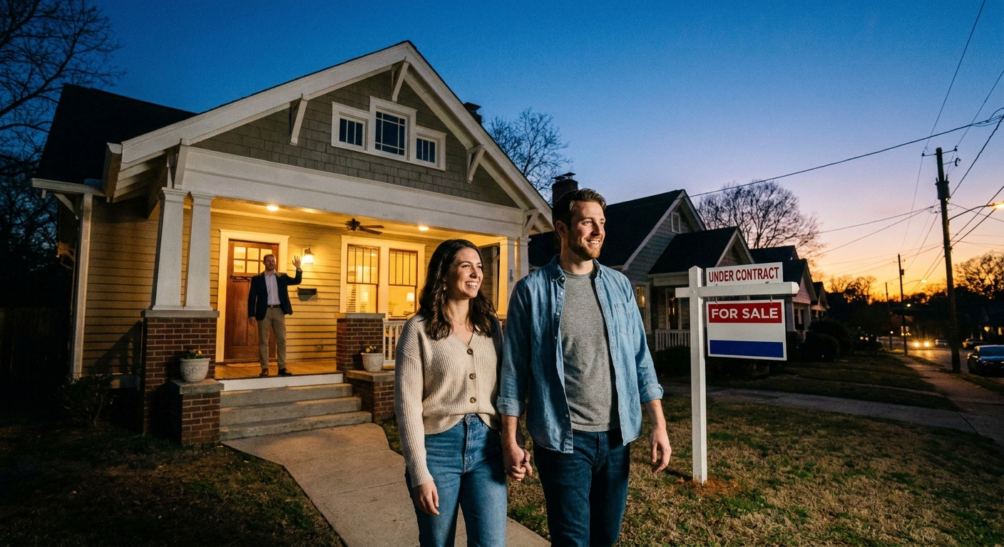A couple walking away from a house after a showing at dusk with a real estate agent in the background, realistic photo