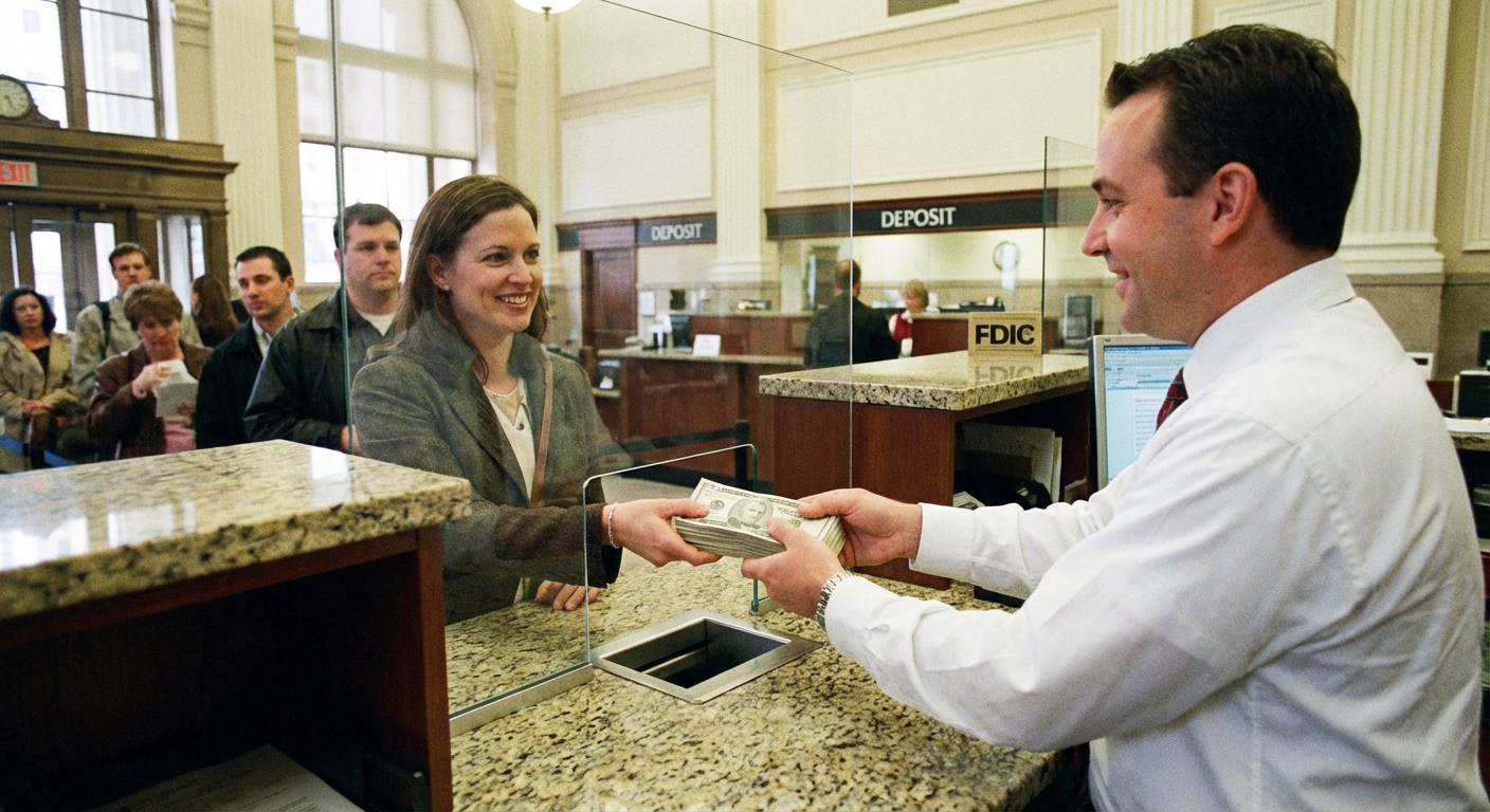 A customer handing a stack of cash to a bank teller at a counter during a deposit