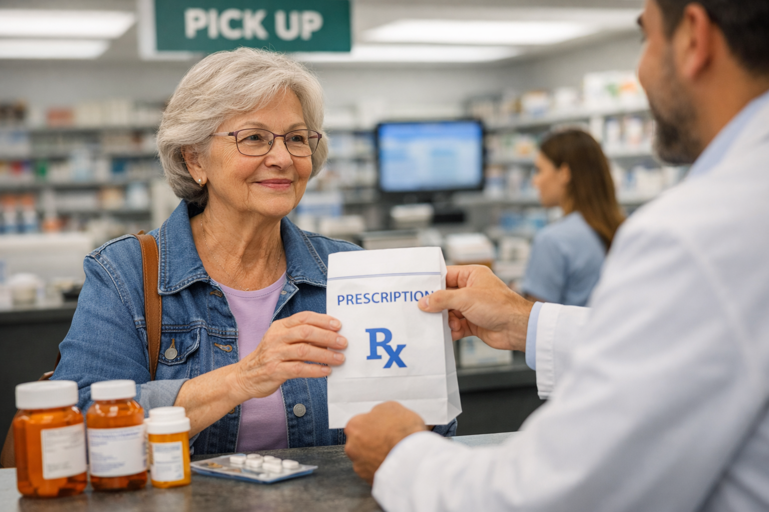 A customer holding a prescription bag and receipt at a pharmacy counter while a pharmacist stands behind the counter in a brightly lit retail pharmacy, real photo