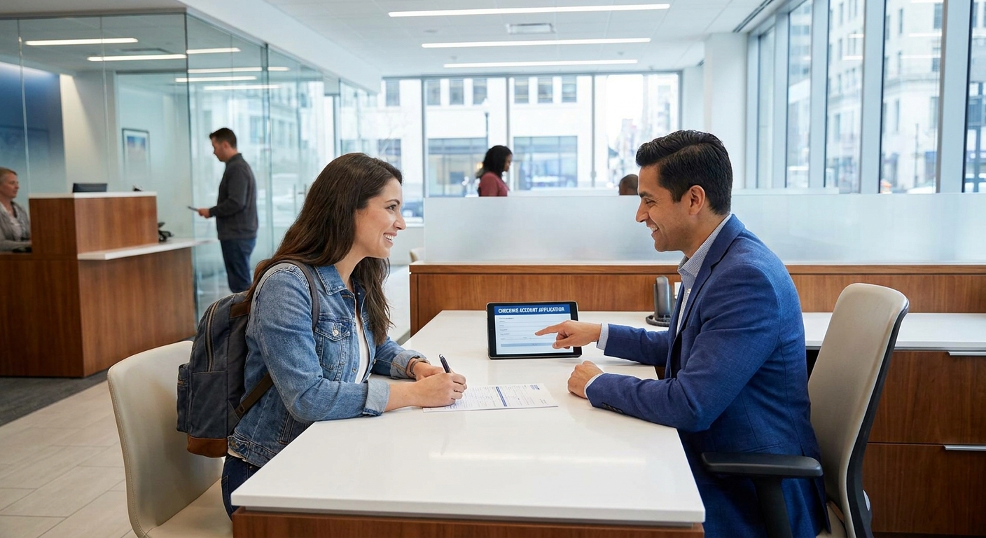 A customer sitting across from a banker at a desk in a modern bank branch while completing a checking account application, realistic photo