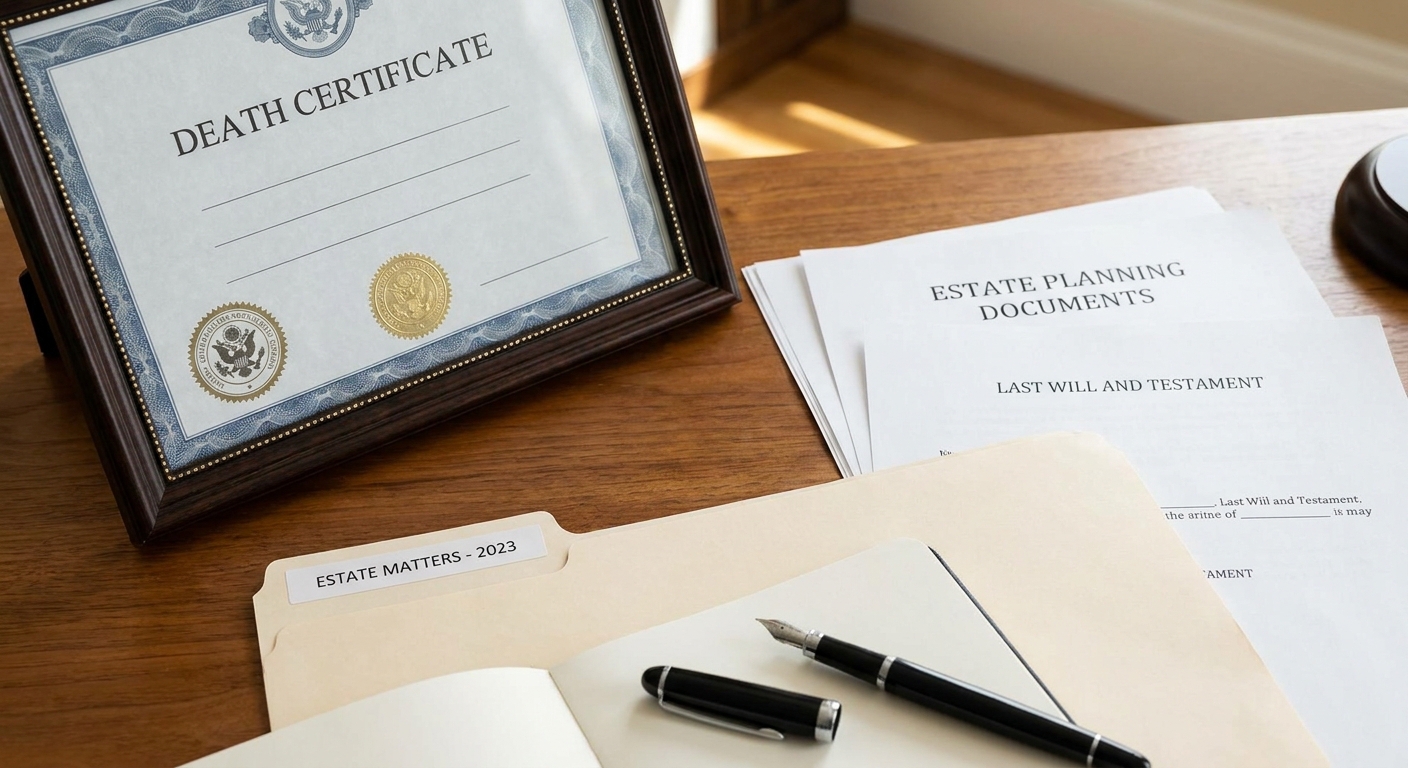 A death certificate and estate paperwork laid out neatly on a desk beside a labeled folder and a black ink pen