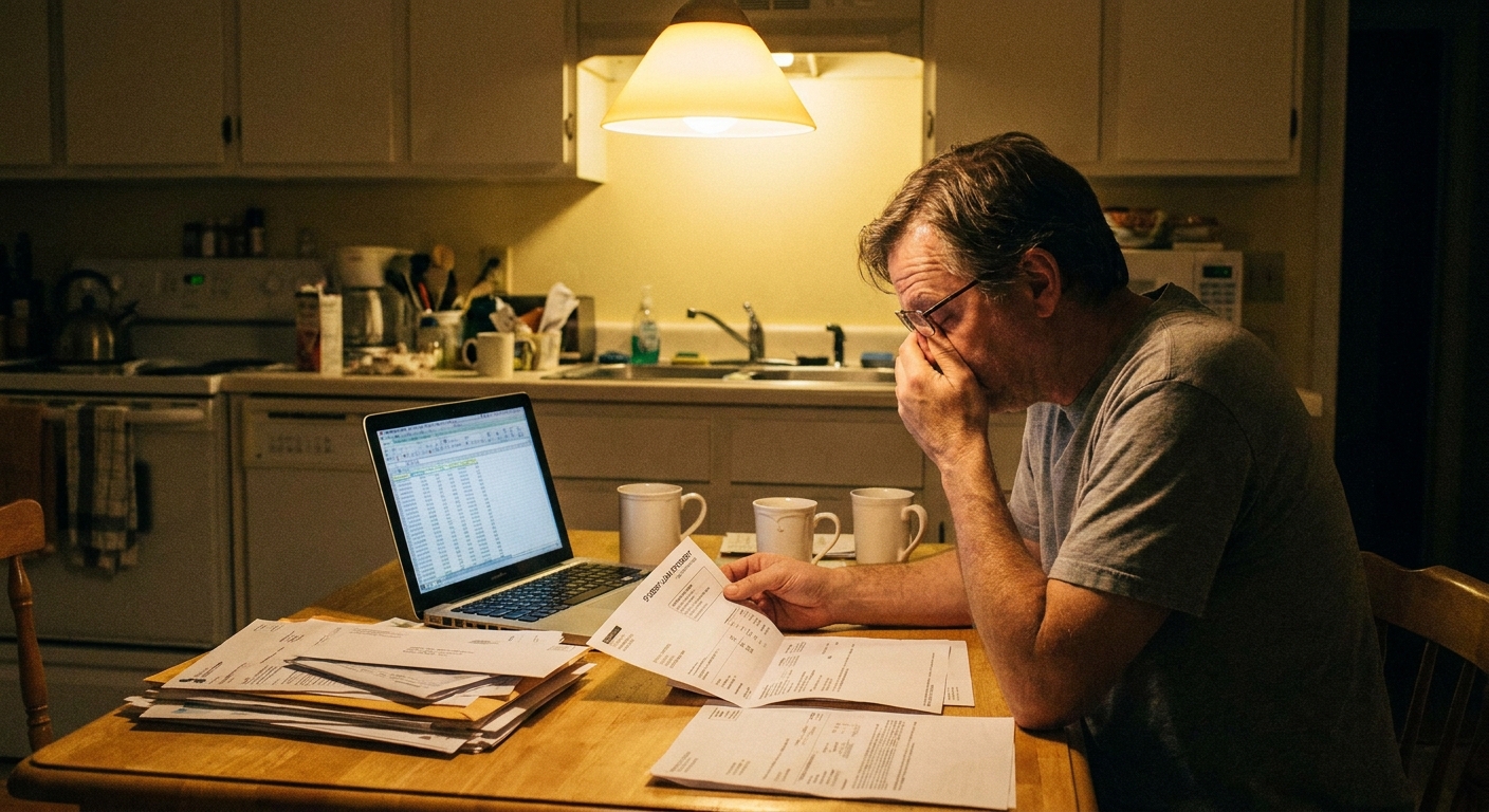 A documentary-style photograph of an adult sitting at a kitchen table at night reviewing student loan statements and household bills under a warm overhead light