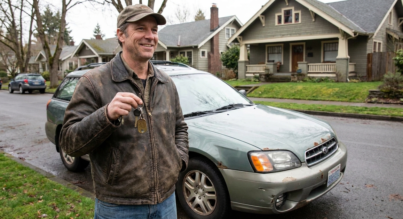 A driver holding car keys while standing next to an older used car parked on a residential street, realistic photograph