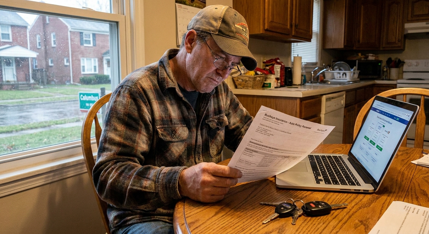 A driver sitting at a kitchen table in Columbus, Ohio, reviewing a car insurance policy next to car keys and a laptop, realistic photograph