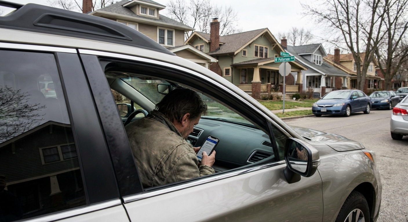 A driver sitting in a parked car on a residential street in Columbus, Ohio, looking at car insurance details on a smartphone, realistic photo