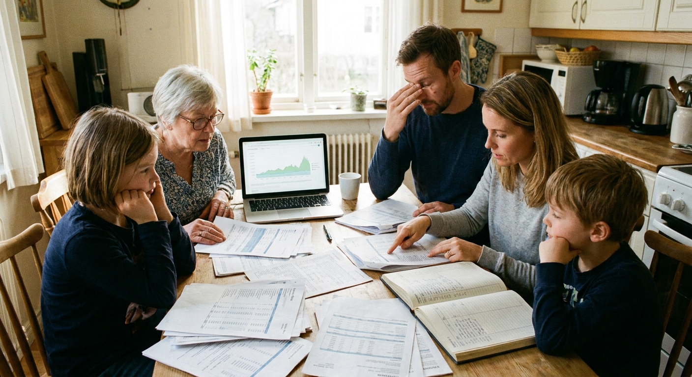 A family sitting at a kitchen table reviewing printed financial documents and a laptop, candid home photography style