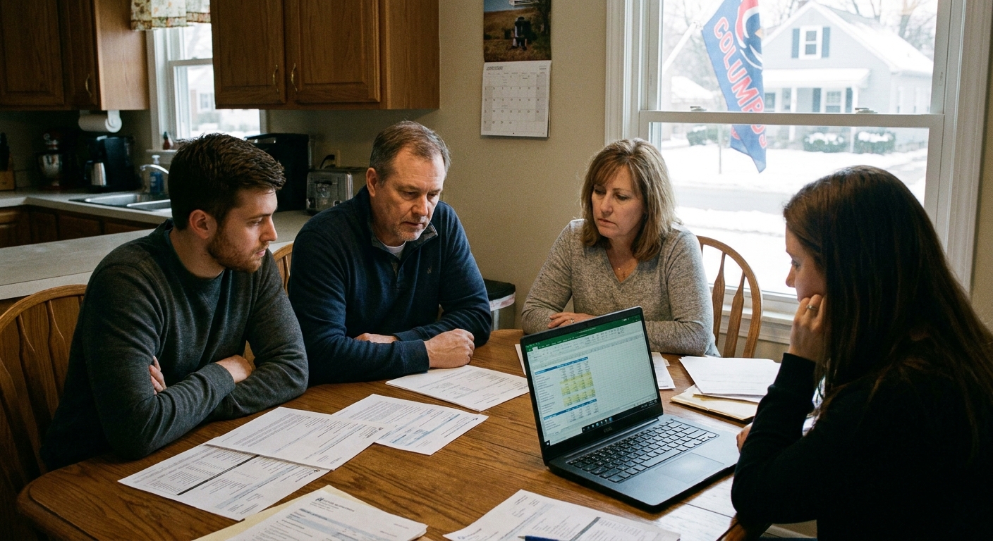 A family sitting at a kitchen table with paperwork and a laptop open, having a serious discussion in a home in Columbus, Ohio, candid photo style