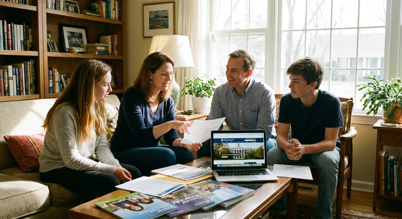 A family sitting in a living room talking through college plans with papers and a laptop on a coffee table, natural light photo