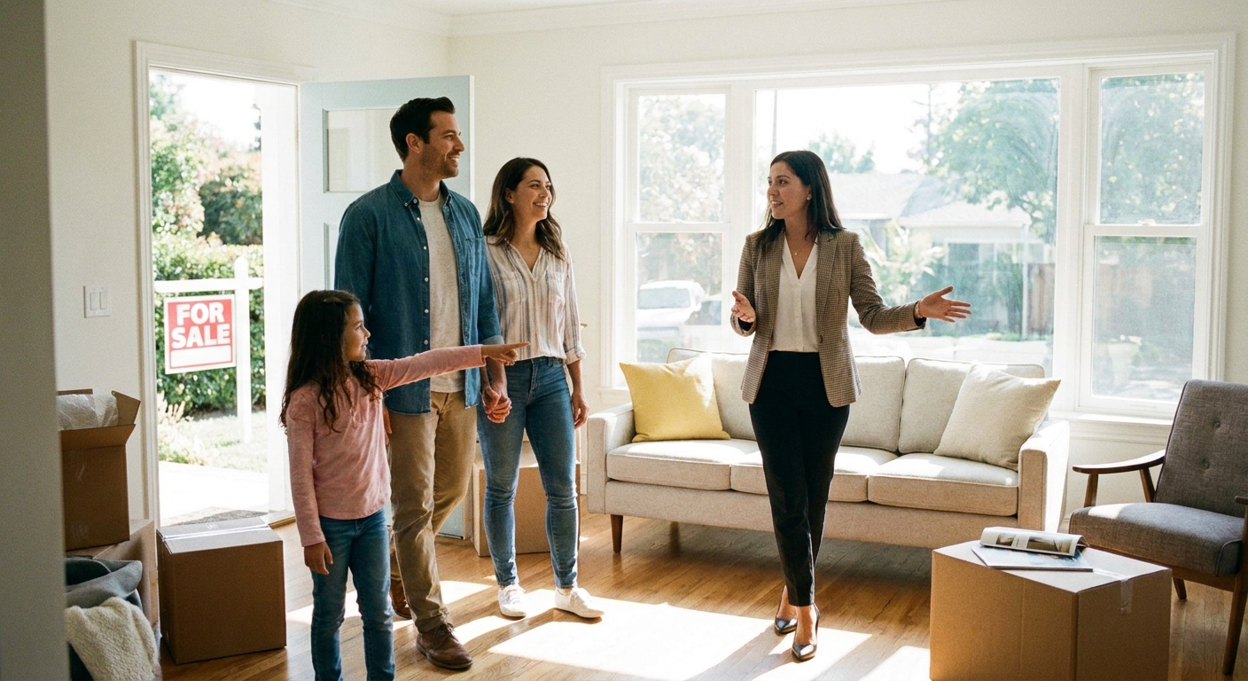 A family walking through a home for sale with a real estate agent during a daytime showing, candid photo