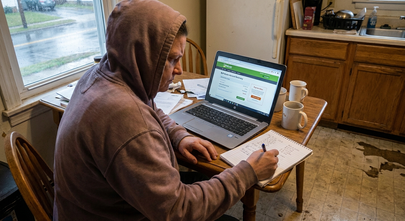 A federal student loan borrower sitting at a kitchen table with a laptop open to a loan account page, holding a notepad and pen, realistic indoor photograph
