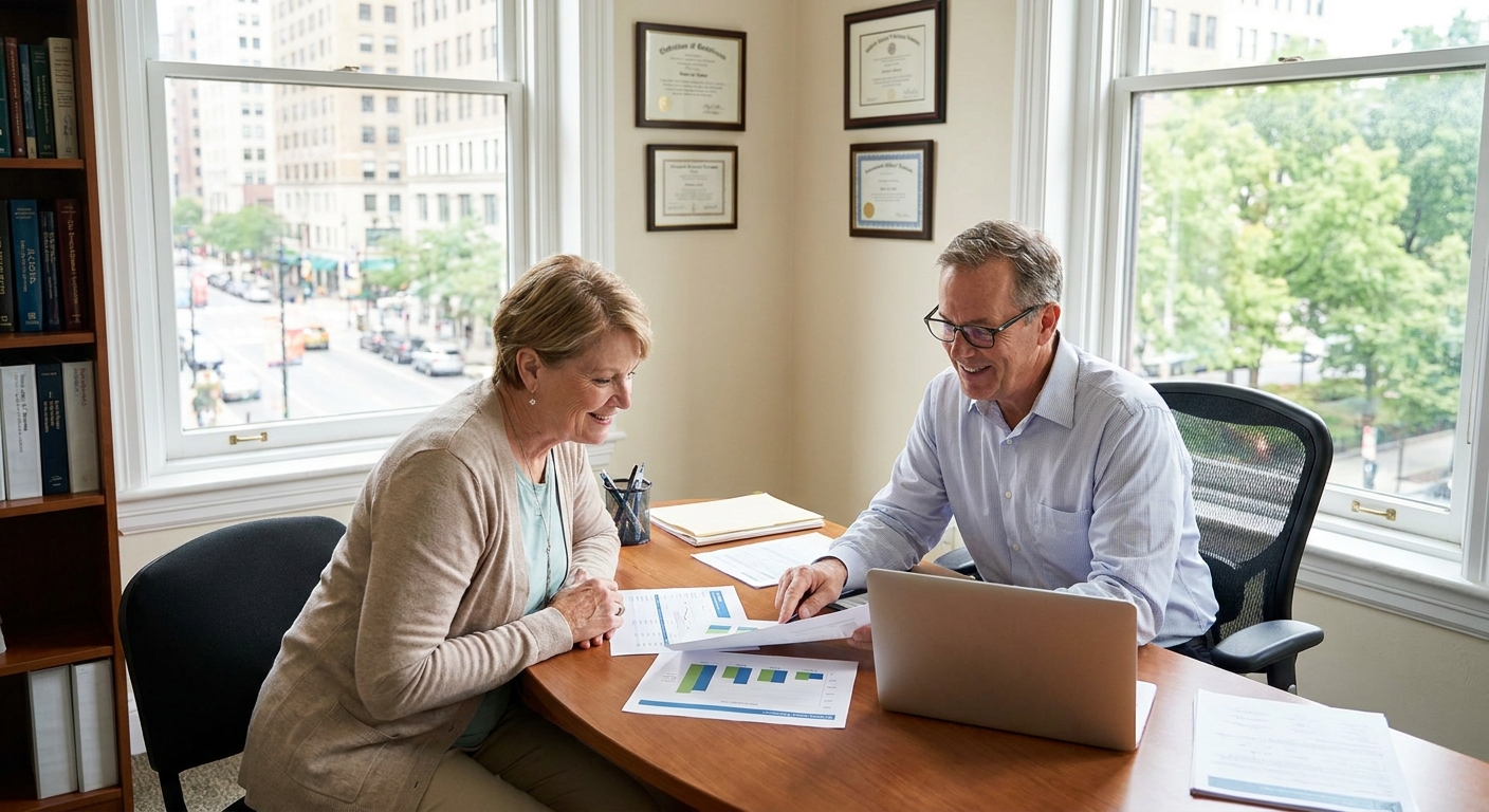 A financial advisor sitting across from a retiree in a bright office, reviewing retirement account paperwork together, realistic photography