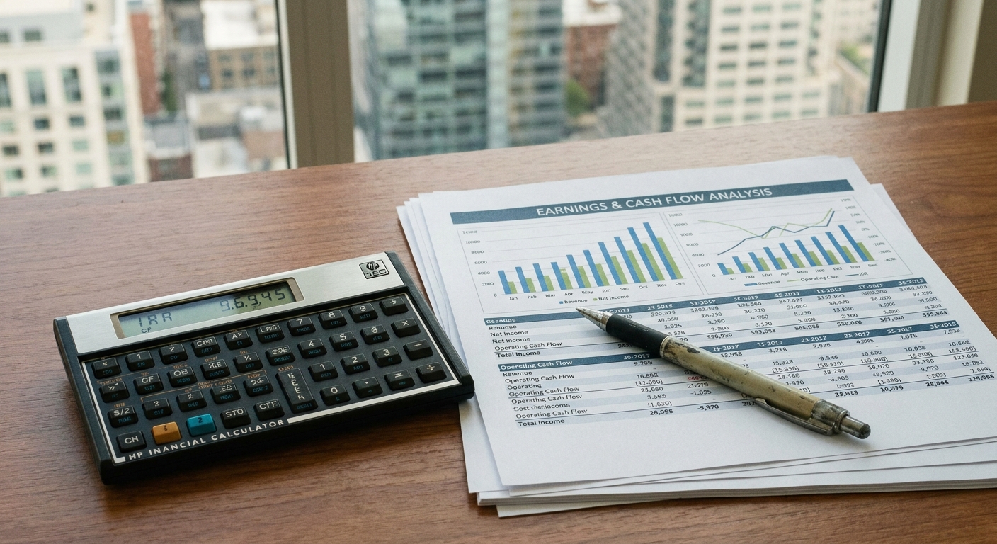 A financial calculator beside printed charts and a pen, representing earnings and cash flow analysis