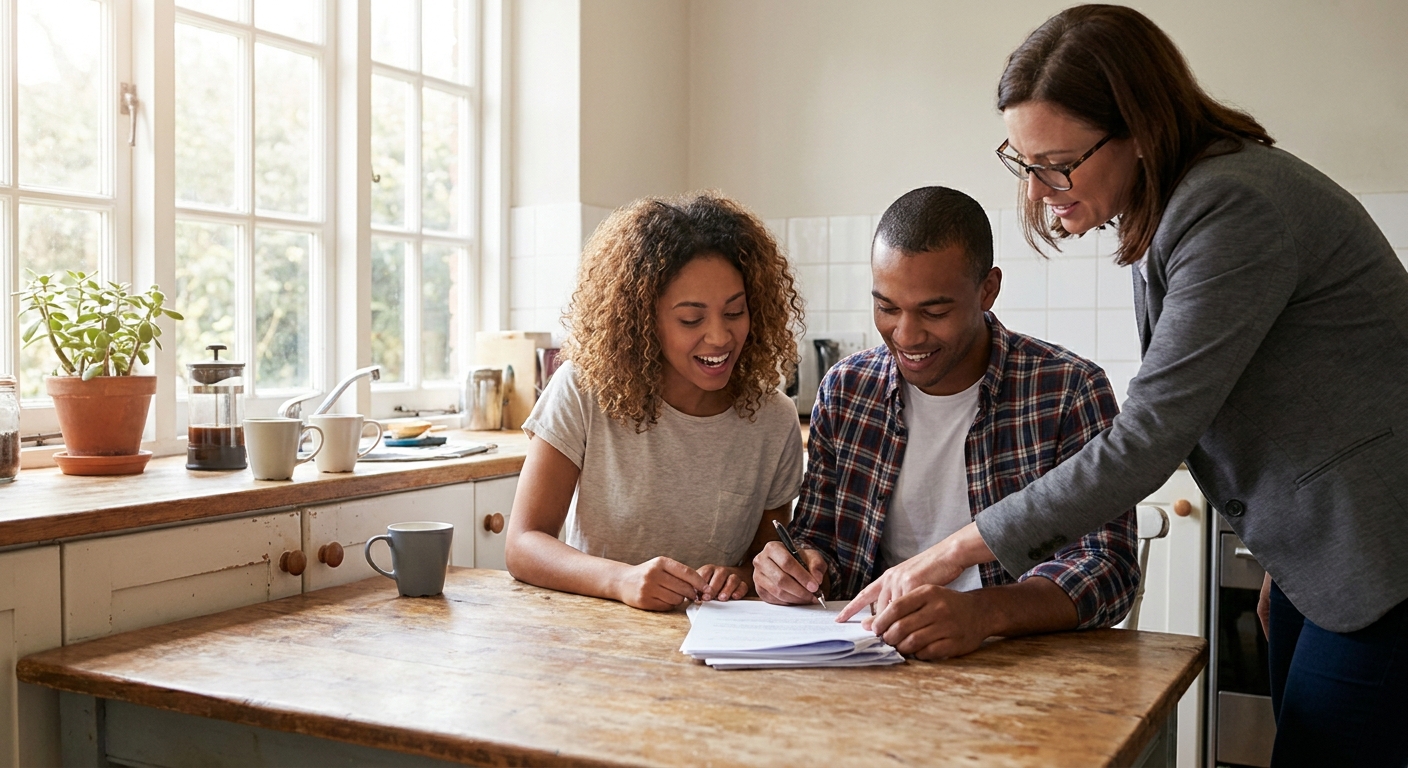 A first-time home buyer signing a home purchase agreement at a kitchen table with a real estate agent nearby, natural window light, realistic photography
