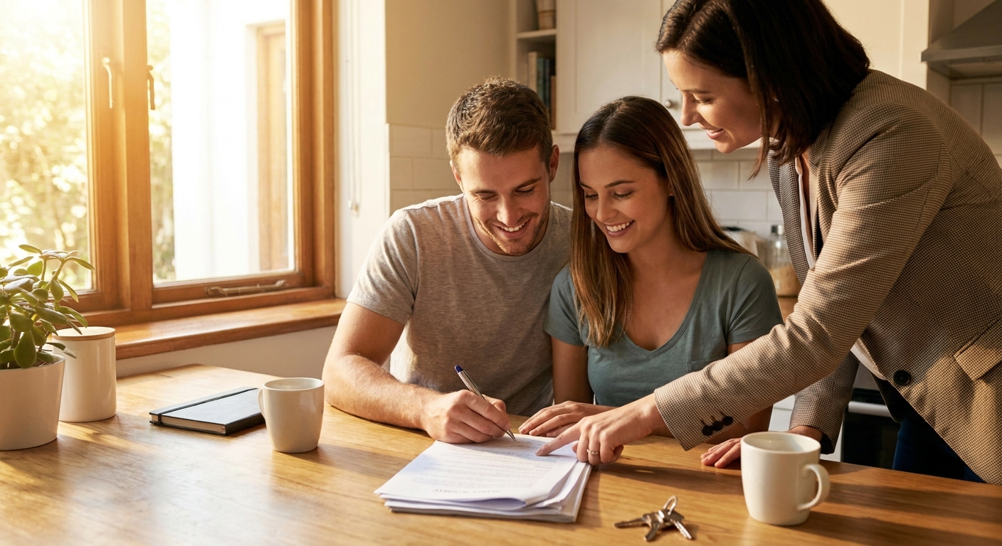 A first-time home buyer signing closing documents at a kitchen table while a real estate agent points to paperwork, warm natural light, realistic photography style