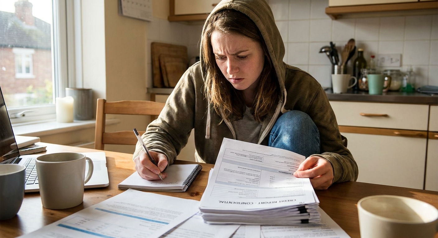A first-time home buyer sitting at a kitchen table reviewing a credit report printout with a pen and notebook, candid realistic photography