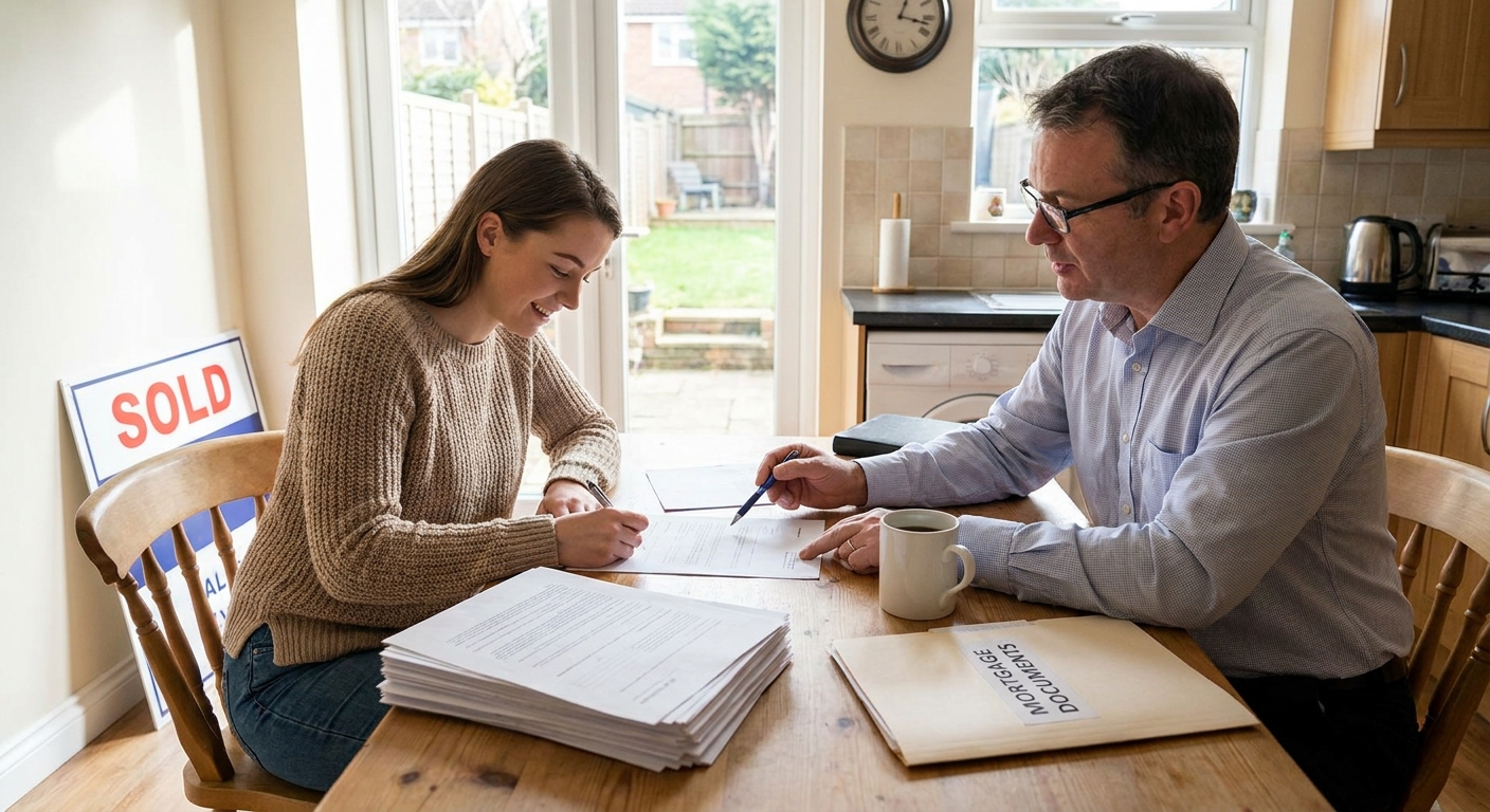 A first-time home buyer sitting at a kitchen table signing mortgage paperwork with a loan officer, realistic home photo
