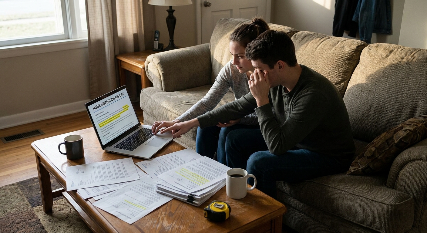 A first-time home buyer sitting on a couch reviewing a home inspection report on a laptop with papers spread on a coffee table, realistic indoor lighting