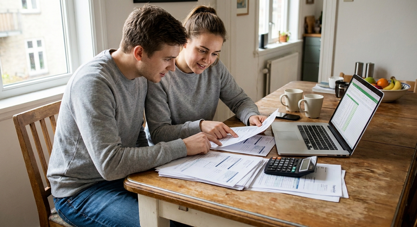A first-time homebuyer couple sitting at a kitchen table reviewing mortgage paperwork with a laptop and a calculator, natural indoor light, realistic photography