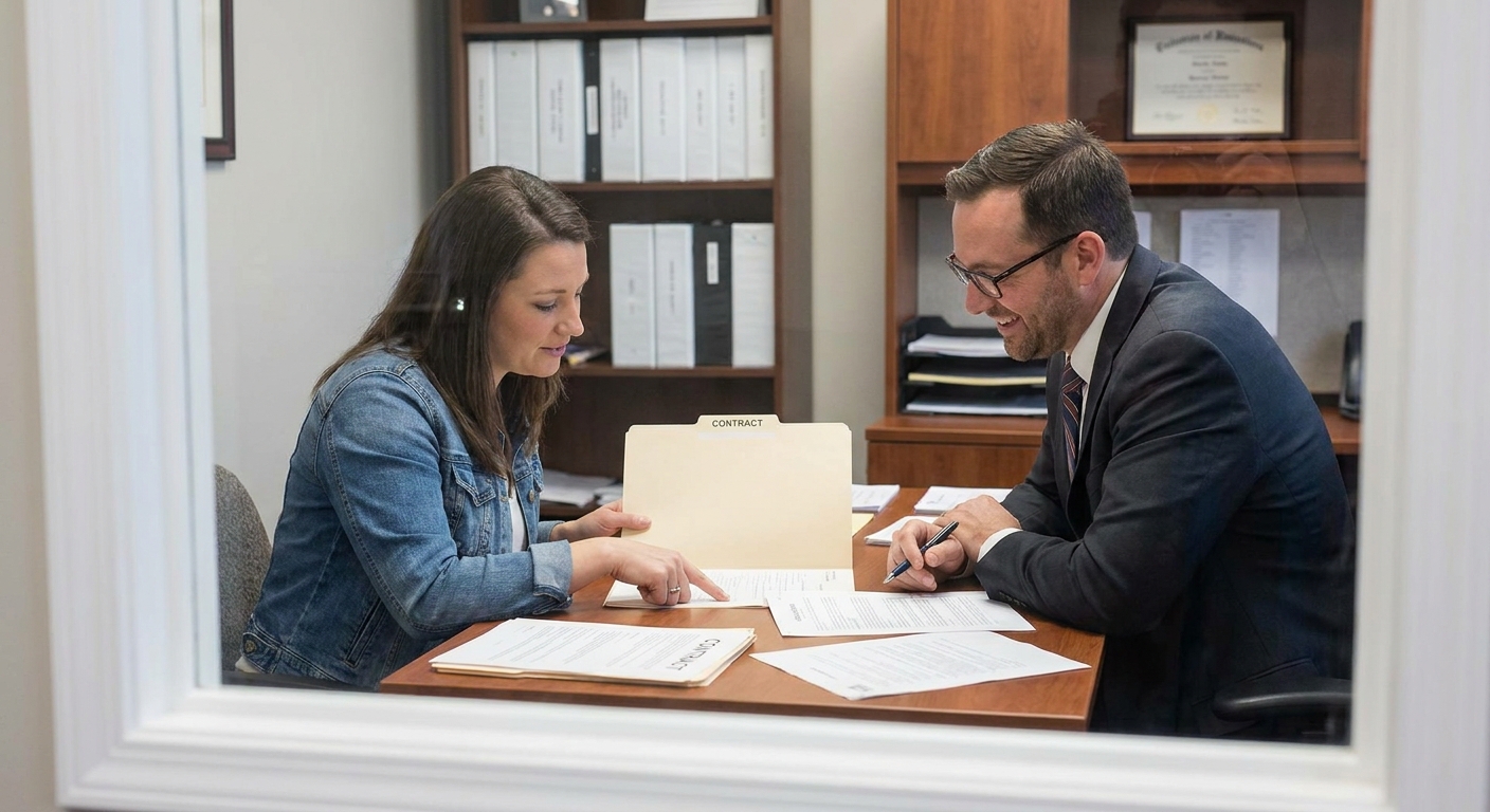 A first-time homebuyer sitting across from a real estate attorney in an office, reviewing a contract folder on a desk, candid professional photo style