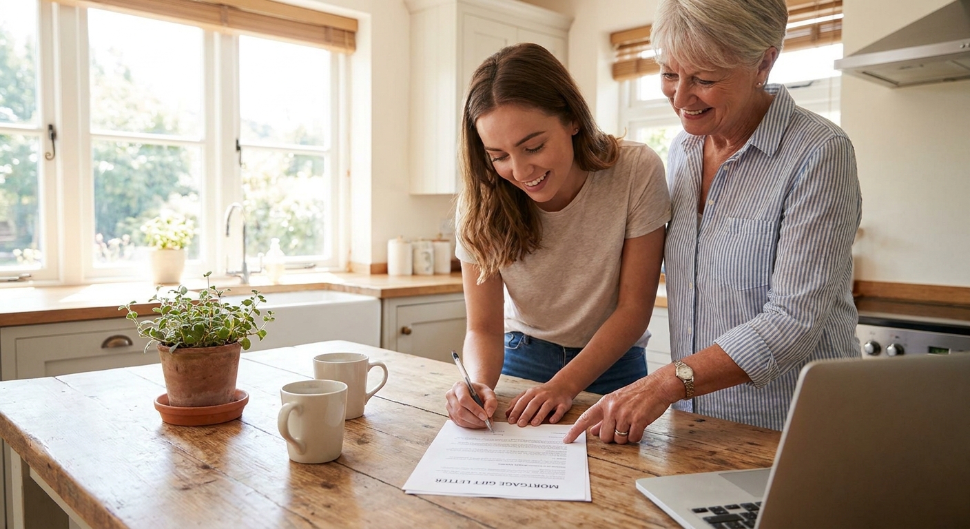 A first-time homebuyer sitting at a kitchen table signing a mortgage gift letter while a family member points to the paperwork, natural light, real-life photo style