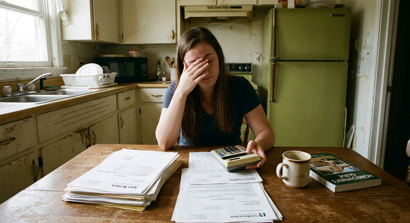 A first-time homebuyer sitting at a kitchen table reviewing renovation bids and loan paperwork with a calculator and coffee mug, candid indoor photo
