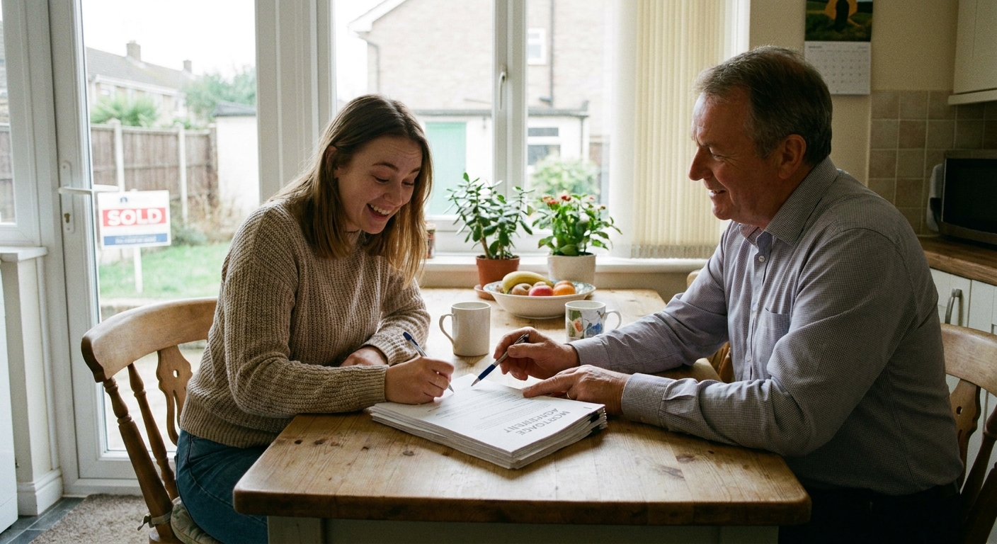 A first time homebuyer sitting at a kitchen table signing mortgage paperwork with a lender, natural indoor light, real photo