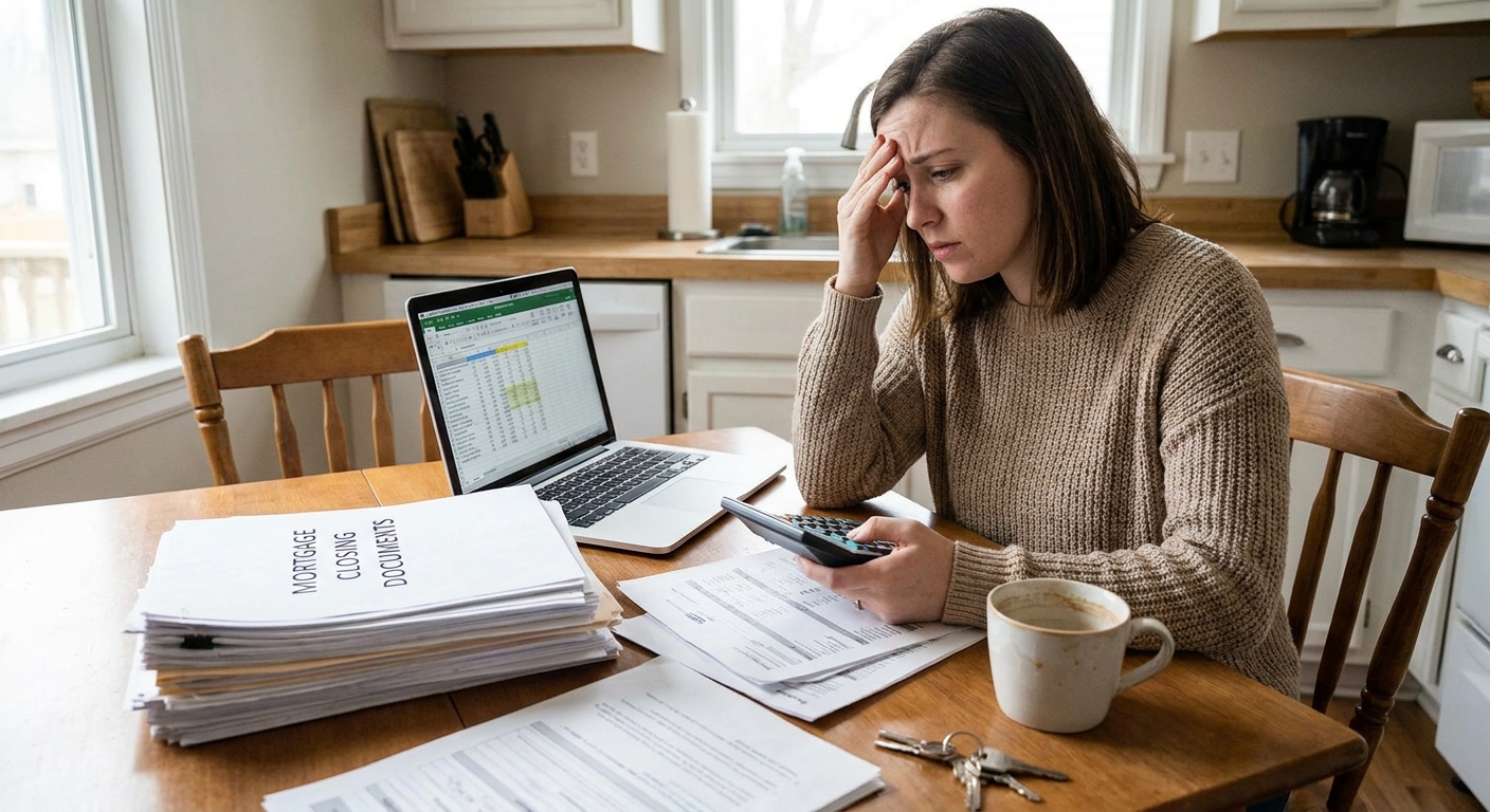 A first-time homebuyer sitting at a kitchen table reviewing a stack of mortgage closing papers with a calculator and a laptop, real-life photo style