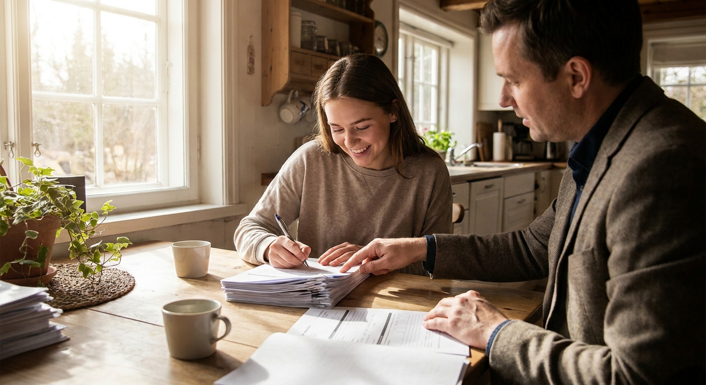 A first-time homebuyer sitting at a kitchen table signing mortgage paperwork with a lender across from them, natural window light, real photo