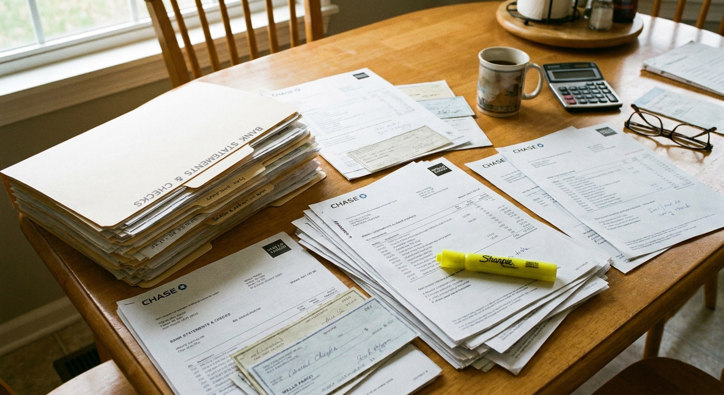 A folder filled with bank statements and canceled checks spread out on a table with a highlighter