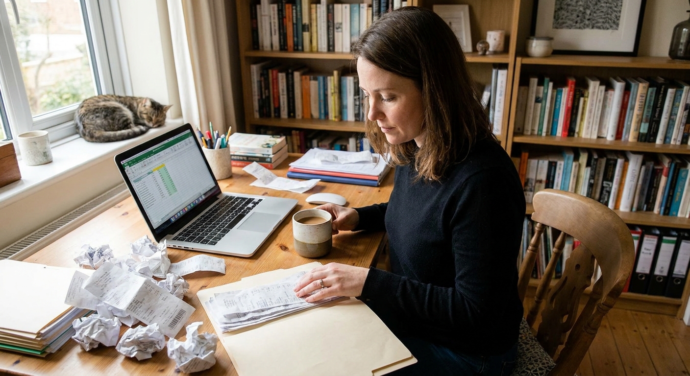 A freelancer in a small home office sorting paper receipts next to a laptop and a cup of coffee, realistic photo