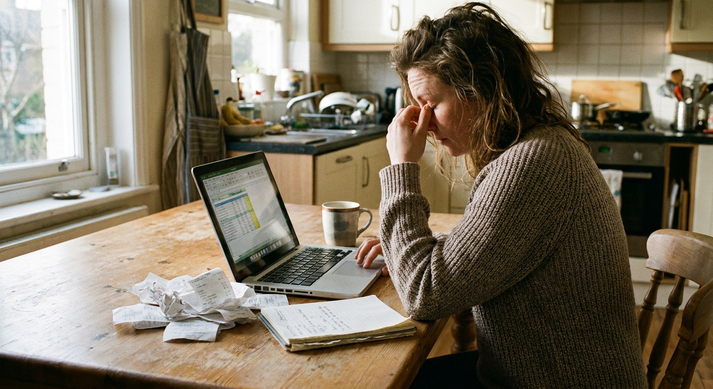 A freelancer sitting at a kitchen table with a laptop open and a small stack of receipts beside a notebook, candid real-life photography style