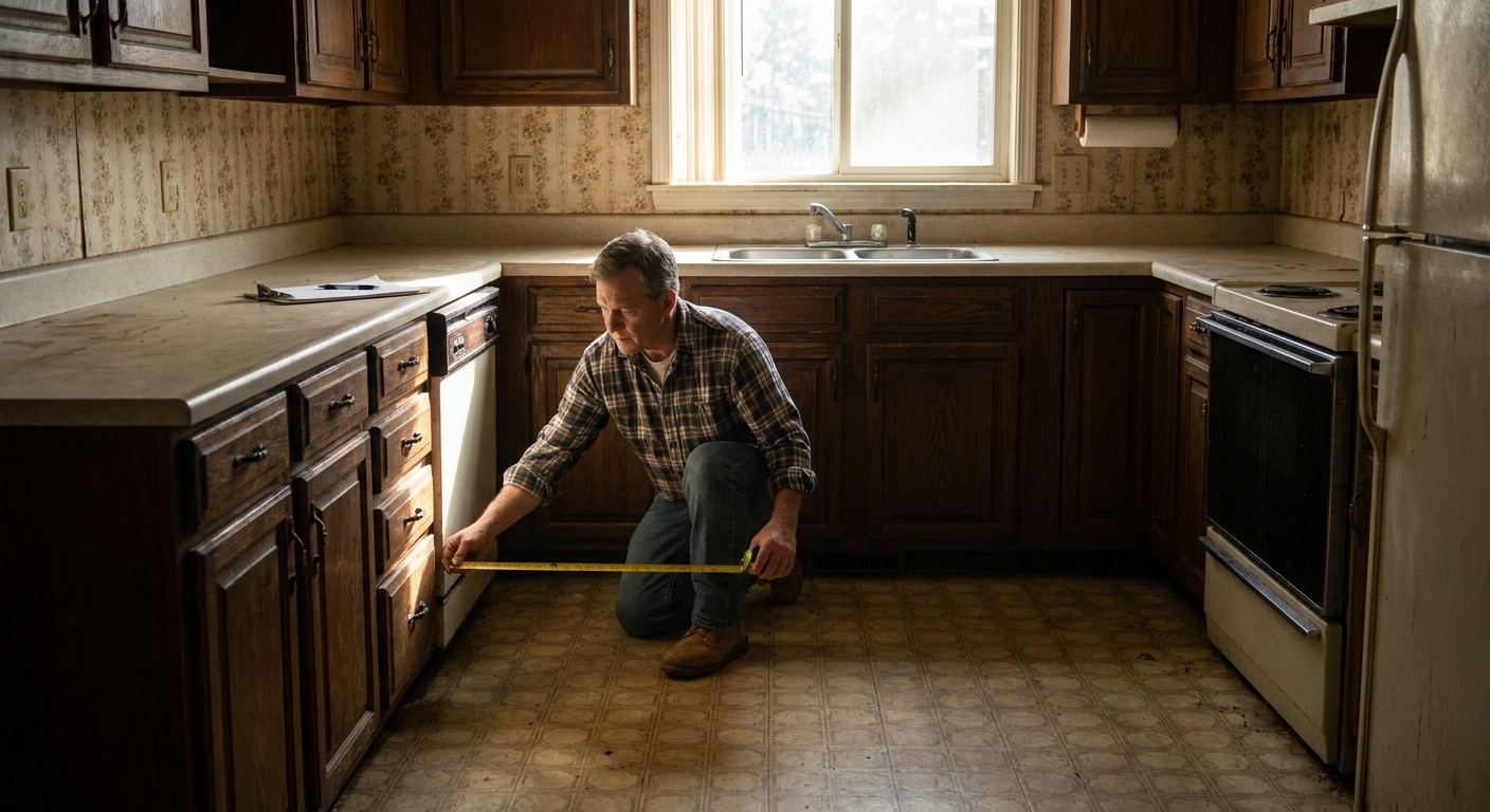 A general contractor standing in a dated kitchen measuring cabinets with a tape measure during a home walkthrough, natural light, realistic real estate photography style