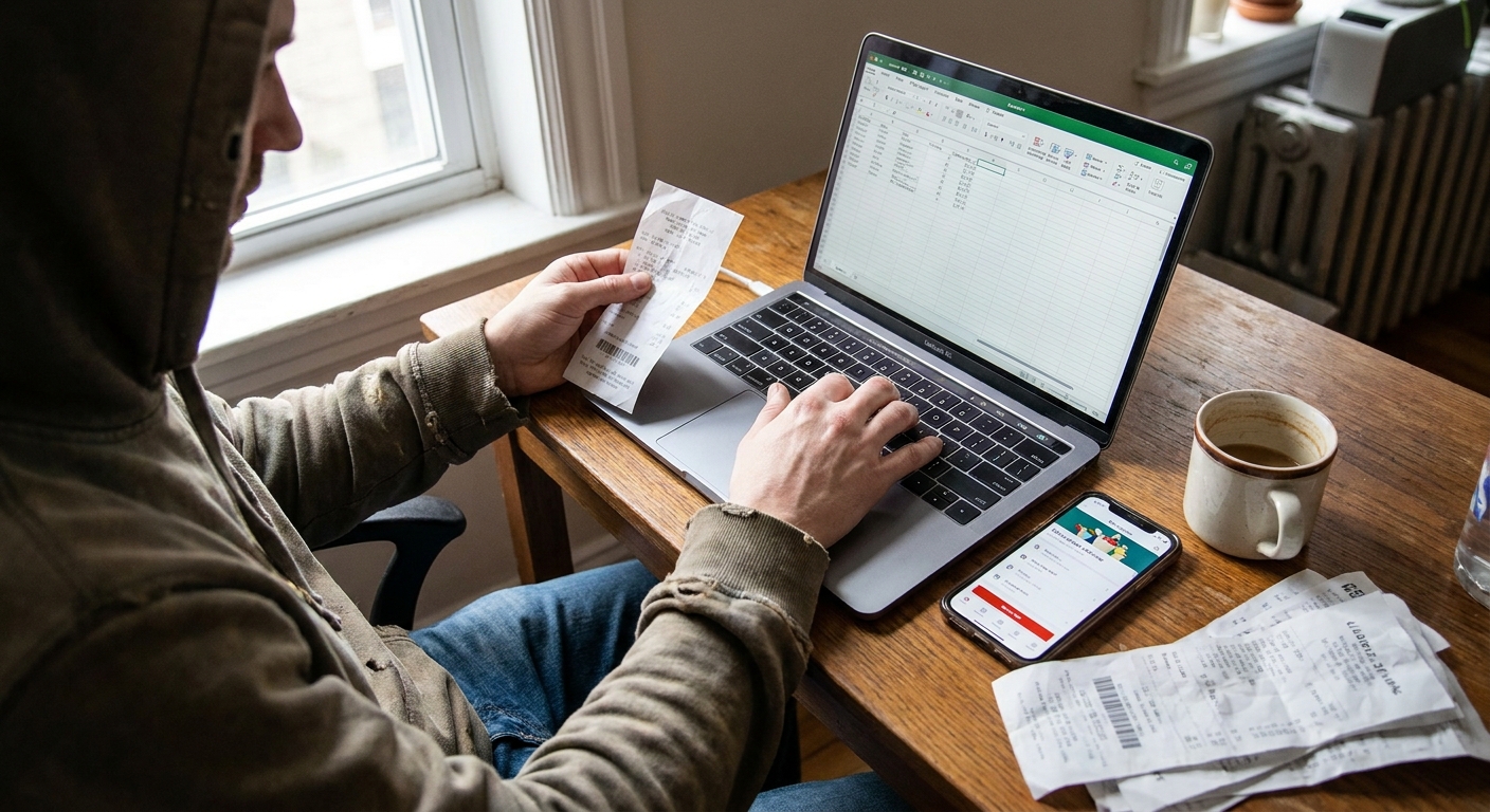 A gig worker at a desk entering receipt amounts into a laptop spreadsheet with a smartphone and a coffee mug nearby, realistic photo